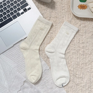 Breathable ballet style mesh crew socks with pearls and bows in cream white and beige