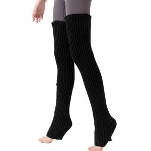 Black long knitted over-knee leg warmers with vertical ribbed texture for winter wear