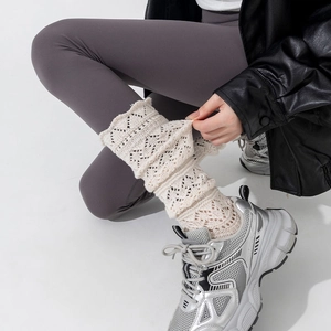 Women Retro Hollow Out Polyester Knit Leg Warmers Scalloped Lace Trim Slouch Socks Autumn Winter Warm Foot Cover Leggings