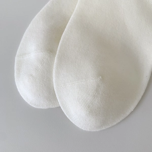Detailed close-up of white knitted socks showing high-quality stitching and toe seam texture
