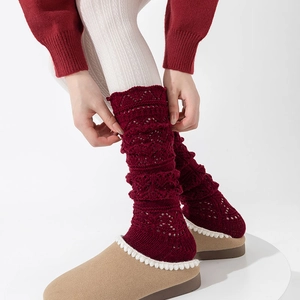 Retro hollow knit wool leg warmers in deep red with scalloped edges and diamond patterns