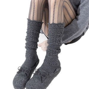 Vintage hollowed-out wool calf socks in dark grey with elegant lace and knit texture