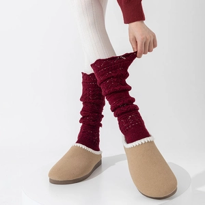 Winter cream knit long socks and warm slippers set with hollow pattern and lace details