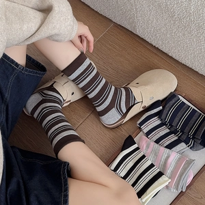 Cozy Japanese style cotton crew socks with striped patterns in assorted soft colors