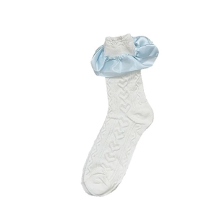 White Lolita socks with blue satin lace trim and 3D knitted heart patterns for women