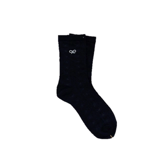 Sweet ballet style mesh socks with white bow accents in navy blue, flat lay view