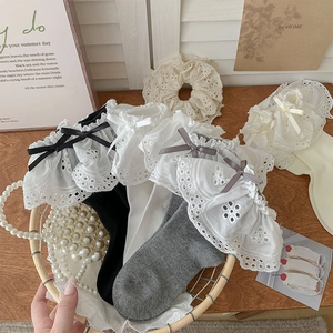 Chaussettes Mi-Mollet Coton Femmes Bordure Dentelle Noeud Papillon Style JK Lolita Japonais Doux Mode