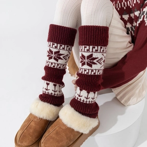 Jambières d'hiver en tricot Fair Isle bordeaux et blanc avec motifs de flocons nordiques