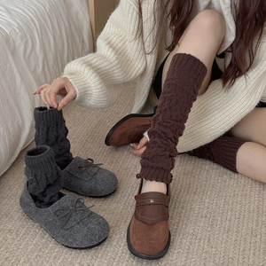 Japanese style knit leg warmers with grey and brown loafers for autumn fashion