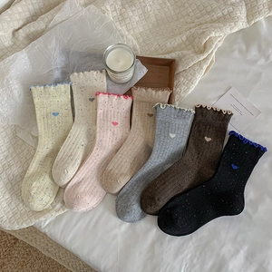 Chaussettes Mi-Mollet Femmes Coton Fil Moucheté Broderie Cœur Bord Volanté Nervuré Doux Kawaii