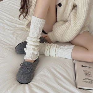 Women Leg Warmers Acrylic Cable Knit Slouchy Ruffle Hem Japanese Preppy Style Autumn Winter Warm Stockings