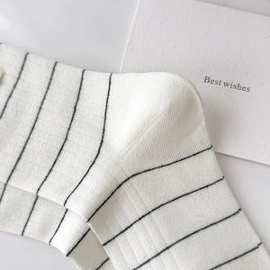 Close-up of white ribbed knit socks with black stripes and professional card decor