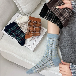 British style plaid cotton socks in six colors shown with knit texture for autumn winter