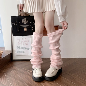 Pink knitted leg warmers for women with ribbed texture in Japanese JK style for autumn