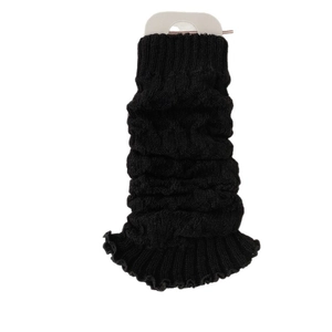Japanese style black cable knit leg warmers with ruffle trim and ribbed top for women
