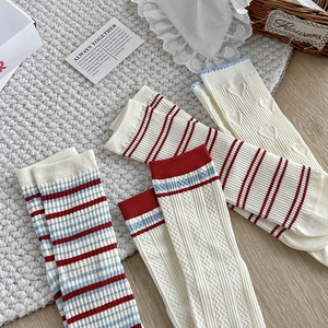 Detail of vintage academy style socks featuring red and blue stripes and heart textures