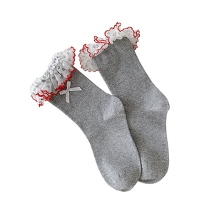 Japanese style grey floral lace socks with delicate white bow and red embroidery detail