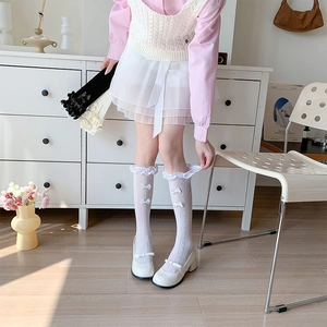 Detail of white Lolita lace socks with ribbon bows and breathable hollow mesh pattern