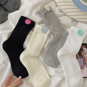 Women Cotton Ribbed Crew Socks With Crochet Heart Patch Sweet Japanese Style Turn-over Slouch Socks