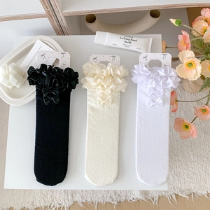 Lolita Lace Crew Socks Women Cotton Blend Breathable Mesh Hollow Out With Bows And Layered Ruffle Frills Japanese Sweet Style