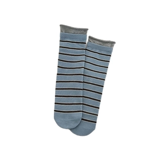 Blau-braun gestreifte Socken mit grauem Rollrand auf weißem Hintergrund präsentiert