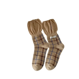 Japanese style khaki plaid crew socks with ruffle cuff and label for vintage school look