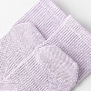 Macro view of lilac ribbed five-toe socks showing the elastic cuff and knit texture