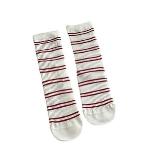 Vintage preppy white mid-calf socks with red horizontal stripes and ribbed knit cotton