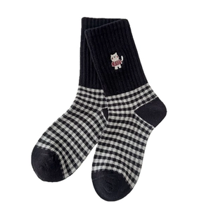 Japanese style black and white checkered crew socks with cute cat embroidery details