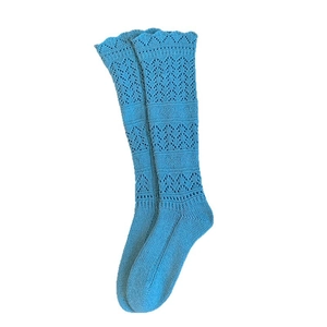 Sky blue knit knee-high socks with hollow floral patterns and wavy scalloped edges