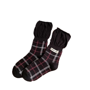 British style plaid mid-calf socks in black and red with elegant ruffled elastic cuffs