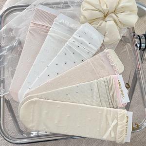 Damen Wadenhohe Socken Baumwollmischung Atmungsaktiv Schleife Punktchen Rauschen Süßer Japanischer Stil JK Lolita Mode