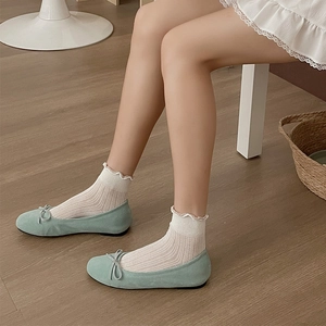 Mint green ballet flats in suede finish with delicate bow knot and ruffle socks