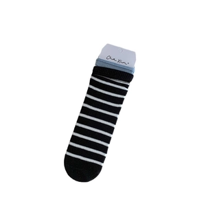 Vintage blue and grey striped crew socks with a classic ribbed cuff and paper tag