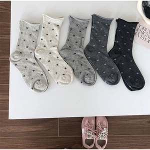 Women Cotton Blend Bowknot Crew Socks Breathable Knitted Rolled Edge Mid Calf Sweet Korean Style