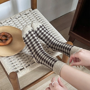 Classic checkered mid-calf socks in brown and beige knit for autumn and winter wear