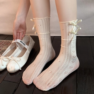 Lace ruffle socks with heart cutouts and silk bows for a sweet vintage aesthetic style