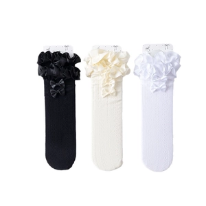 Three-pack Lolita lace socks with ribbon bows and breathable mesh patterns for girls