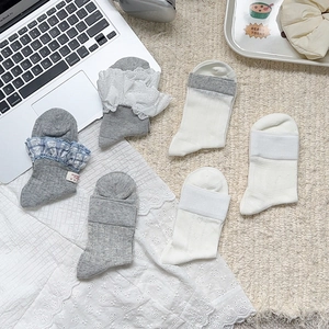 Chaussettes En Coton Pour Femmes Bordure Dentelle Carreaux Slouch Mi-Mollet Style Japonais Doux Ajouré Respirant