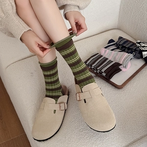 Japanese style striped crew socks for women shown with beige suede buckle mules