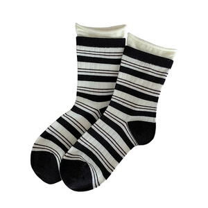 Japanese style black and white striped cotton socks with minimalist rolled edge cuffs