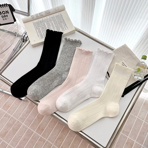 Women Crew Socks Cotton Ribbed Hollow Out Lettuce Edge Ruffle Trim Mid Calf Casual Sweet Style Breathable Accessory