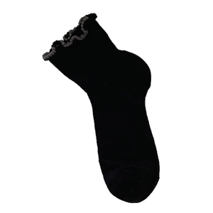 Breathable black cotton ankle socks for women featuring elegant ruffled grey lace trim edges