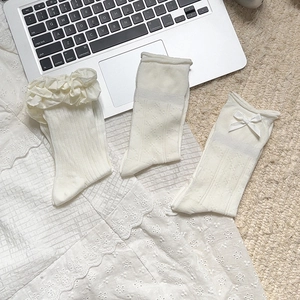 Lolita style white lace mesh socks with bows and heart patterns in a 3-pair set