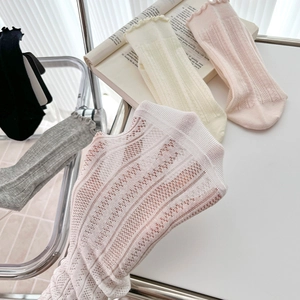 Detailed macro of hollow knit mesh pattern and ruffled edges on soft cotton socks