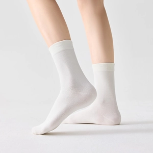 Detail of white cotton slouch socks featuring ribbed cuffs and soft knitted texture on model