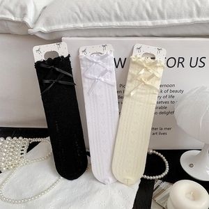 Women Mid Calf Socks Nylon Lace Heart Hollow Out With Satin Bows Sweet Lolita Style Ruffle Edge Breathable