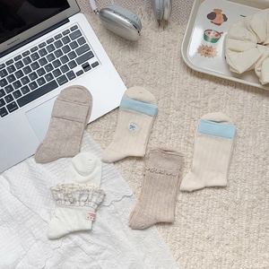 Women Cotton Knit Crew Socks Japanese Style Lace Trim Bow Heart Embroidery Ribbed Breathable Sweet Mid Calf Hosiery