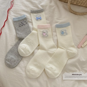 Chaussettes Mi-mollet Pour Femmes Mélange De Coton Maille Respirante Broderie Ours Dessin Animé Style Japonais