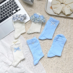 Chaussettes Mi-Mollet Femmes Coton Côtelé Style Japonais Doux Dentelle Volants Nœud Écossais Floral Élégant